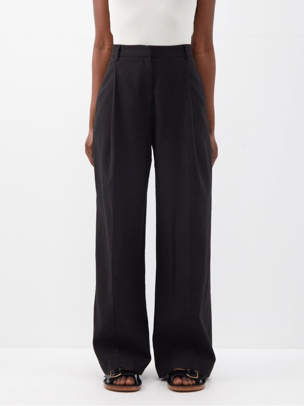 MATTEAU black Pleated Linen-Blend Trousers